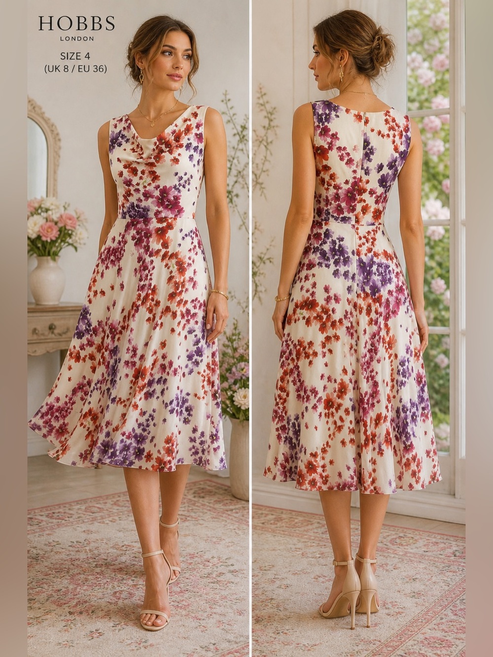 Hobbs London Silk Floral Fit & Flare Dress womens size 4 Romantic Wedding Guest